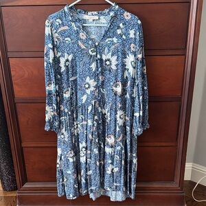 LOFT Blue Floral Long Sleeve Dress XL